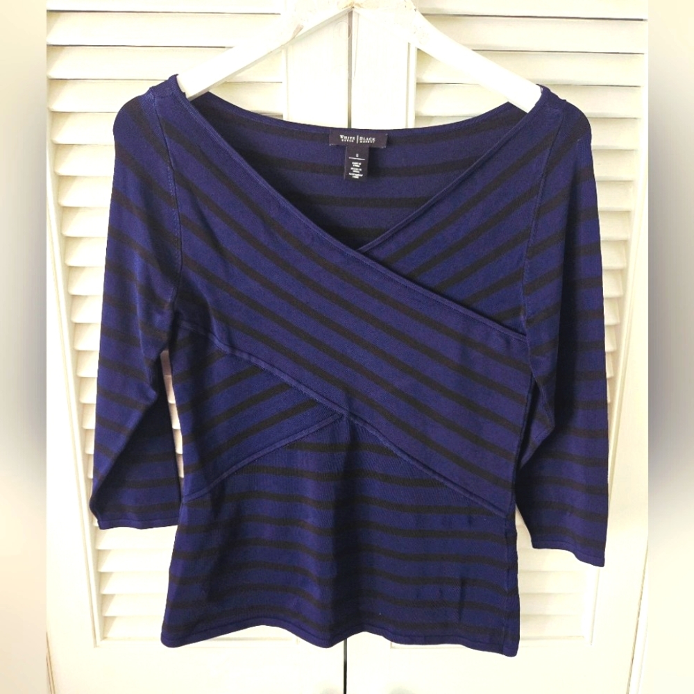 White House Black Market Blue Black Striped Surplice Faux Wrap Top S - Picture 2 of 6